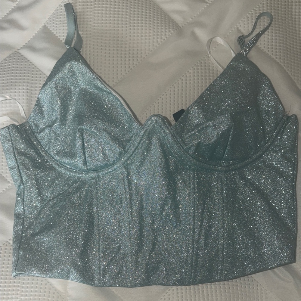 Windsor Sparkle Lurex Bustier Crop Tank Top - Light Teal